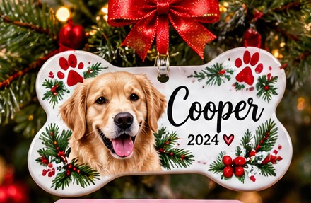 Digital design preview of a dog-bone-shaped Christmas ornament with a golden retriever and name