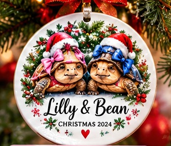 Digital design preview of a round Christmas ornament with Lilly and Bean