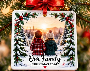 Digital design preview of a square Christmas ornament with a family winter scene