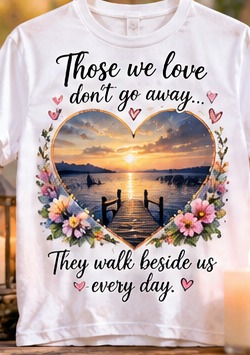 Digital mockup of a tasteful memorial shirt with a sunset remembrance design